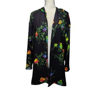 Vintage 80s Connie Choi Neon Fish Print Black Long Line Open Front Hooded Shirt
